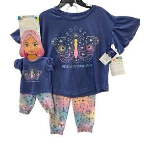 Saint Eve Kids 4 Pajamas W/Doll Outfit Butterfly Starts Planets Pink Blue